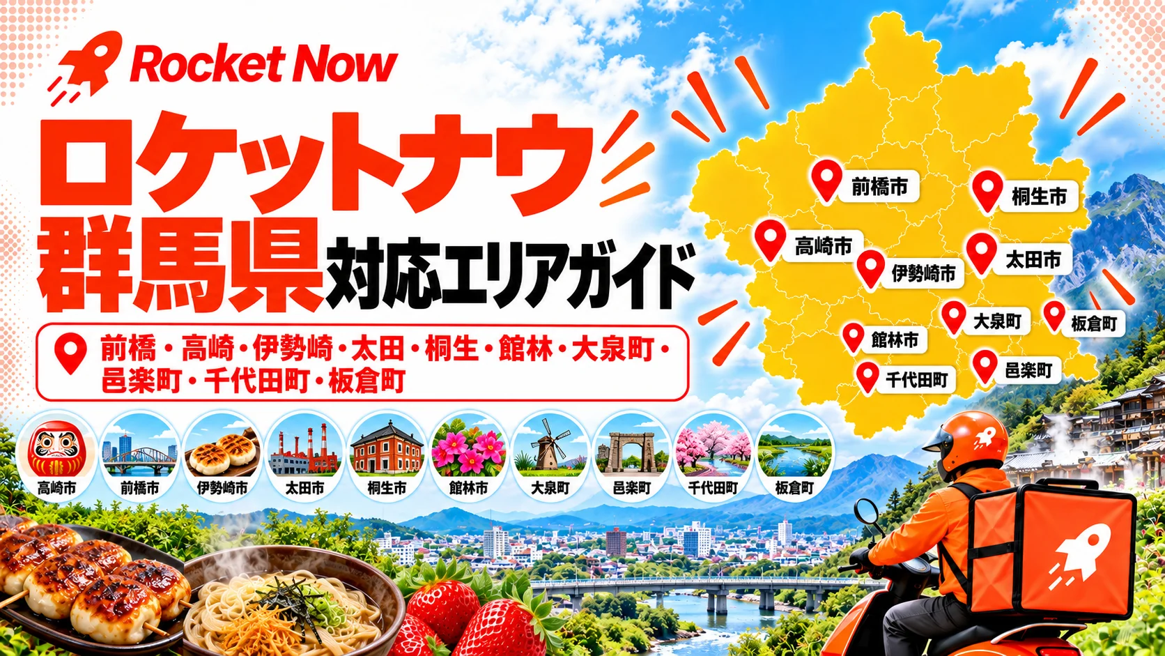 Rocket Now（ロケットナウ）の群馬県対応エリアを、前橋・高崎・伊勢崎・太田・桐生・館林・大泉町・邑楽町・千代田町・板倉町の地図と配達員で示した案内