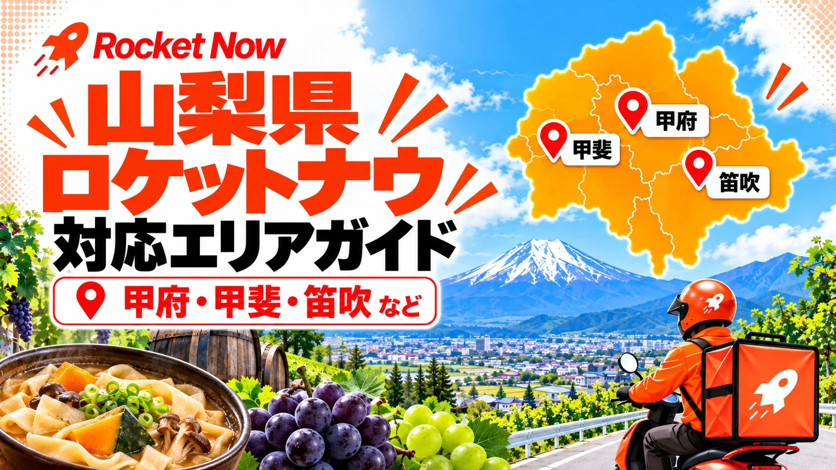 Rocket Now（ロケットナウ）の山梨県対応エリアを、甲府・甲斐・笛吹の地図と配達員で示した案内