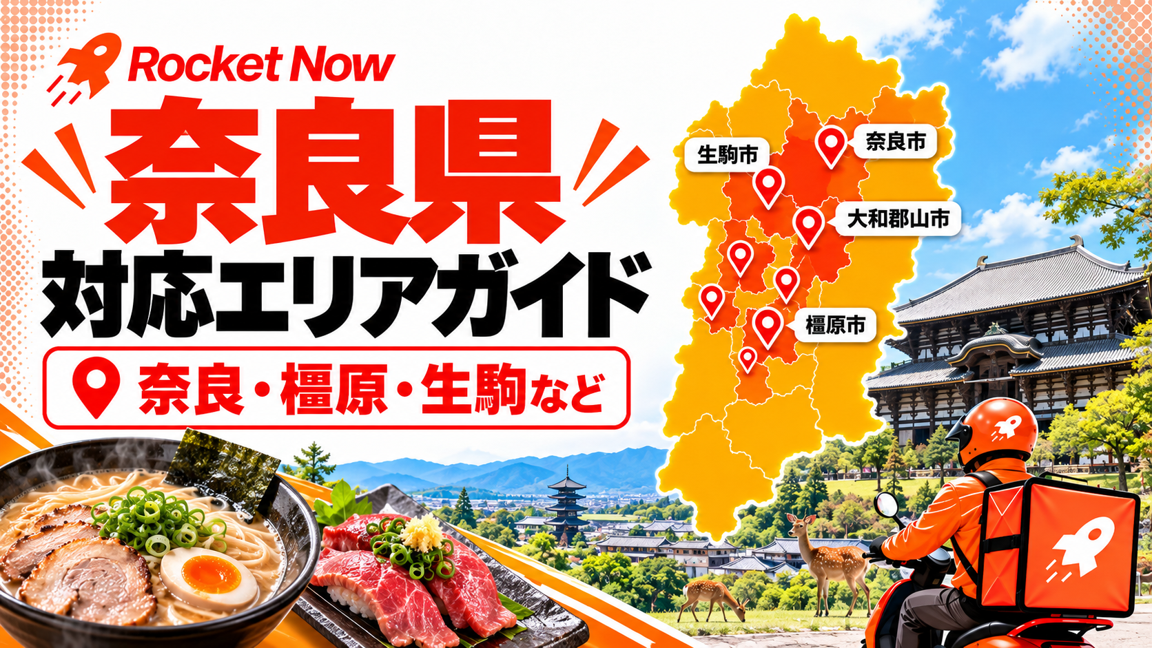 Rocket Now（ロケットナウ）の奈良県対応エリアを、奈良・橿原・生駒などの地図と配達員で示した案内