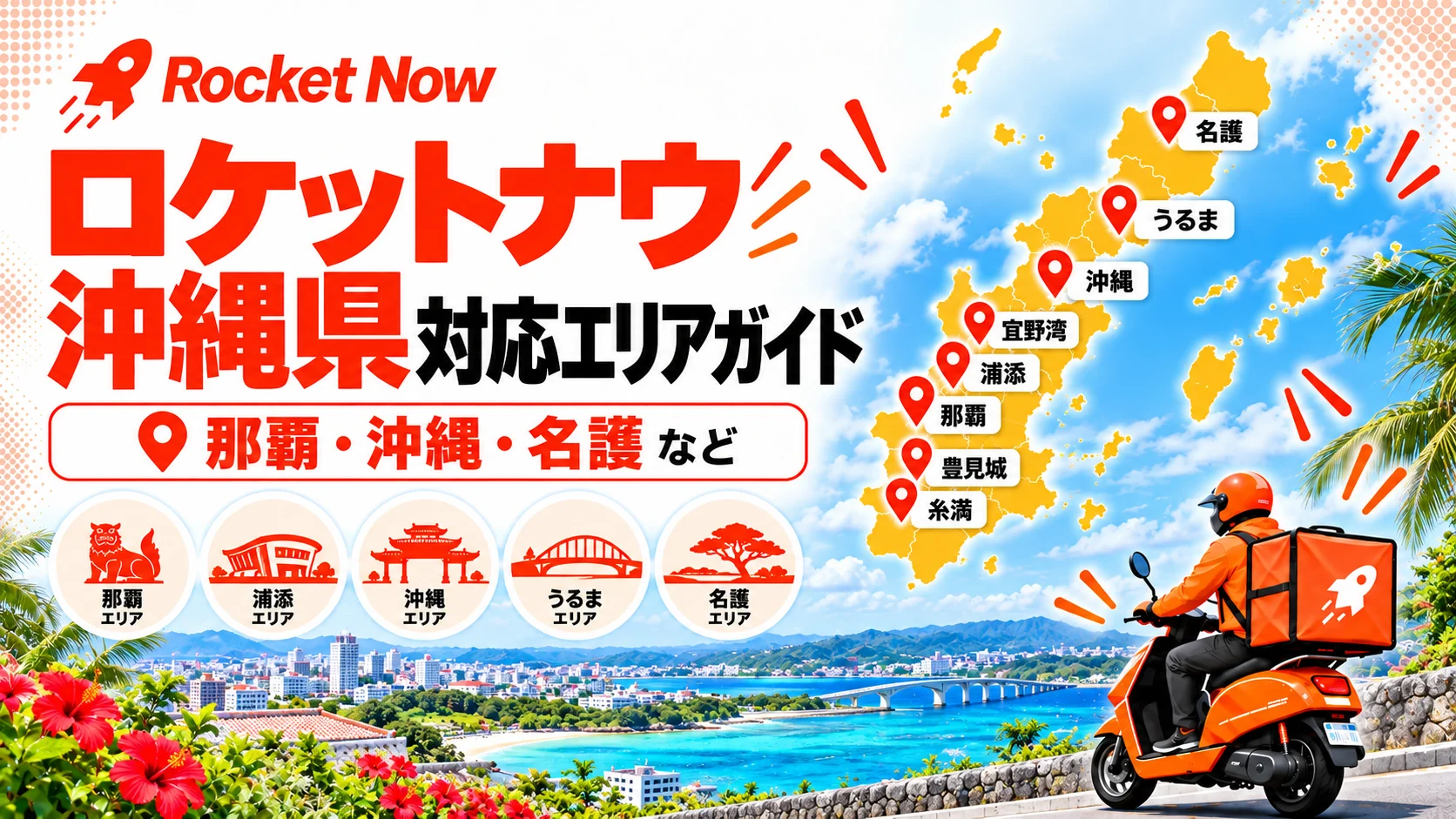 Rocket Now（ロケットナウ）の沖縄県対応エリアを、那覇・浦添・宜野湾・豊見城・糸満・沖縄・うるま・名護の地図と配達員で示した案内