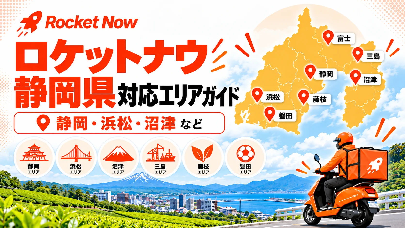 Rocket Now（ロケットナウ）の静岡県対応エリアを、静岡・浜松・沼津・三島・富士・藤枝・磐田の地図と配達員で示した案内